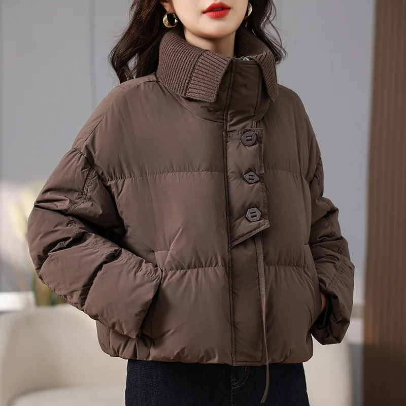 Chaqueta de empalme de cuello de punto para mujer, chaqueta acolchada con solapa, plumón de pato blanco 90, abrigo cálido, moda corta, nuevo, Invierno