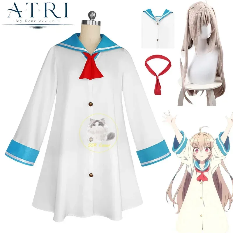 

Atri Cosplay Costume Wig Anime ATRI My Dear Moments White Dress Uniform Flaxen Long Hair Black Bow Hairpin Halloween Party Women