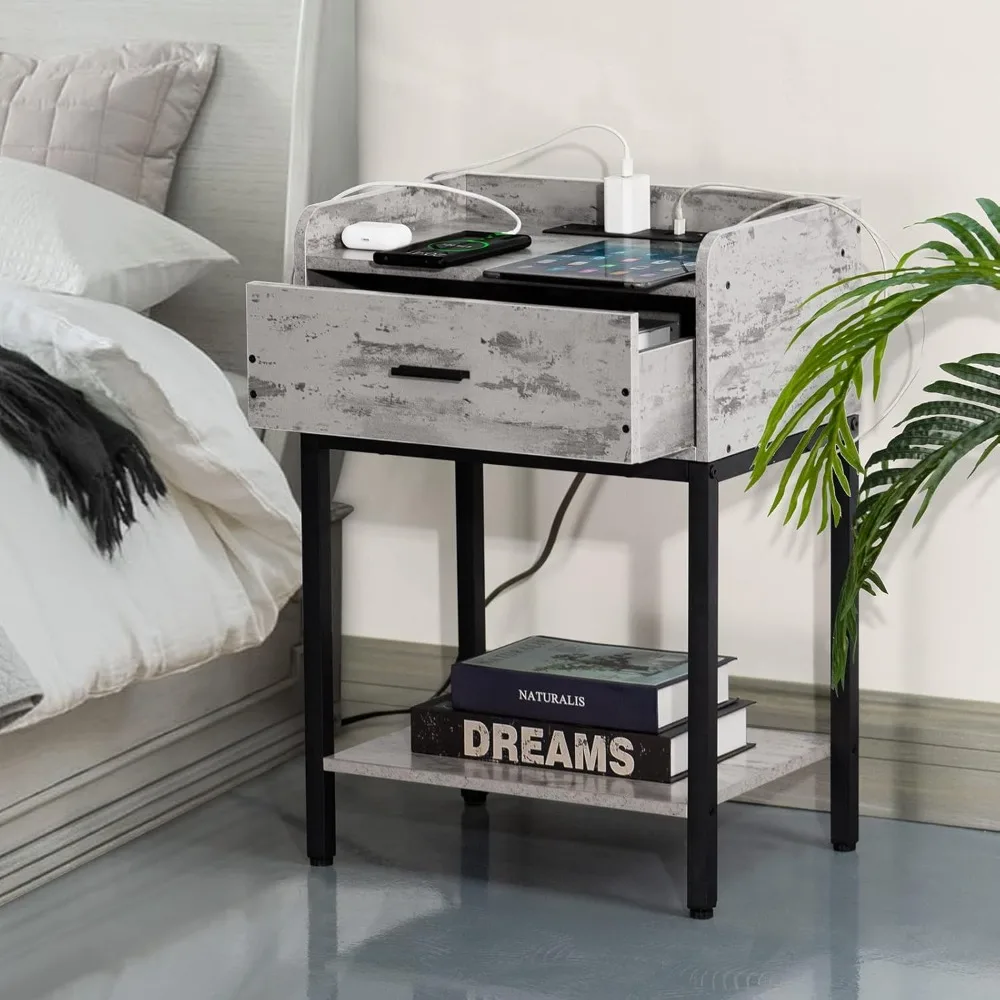 

Nightstand with Charging Station and USB Ports, 3-Tier End Side Table with Storage Drawer and Shelf, Modern Bedside Night Stand