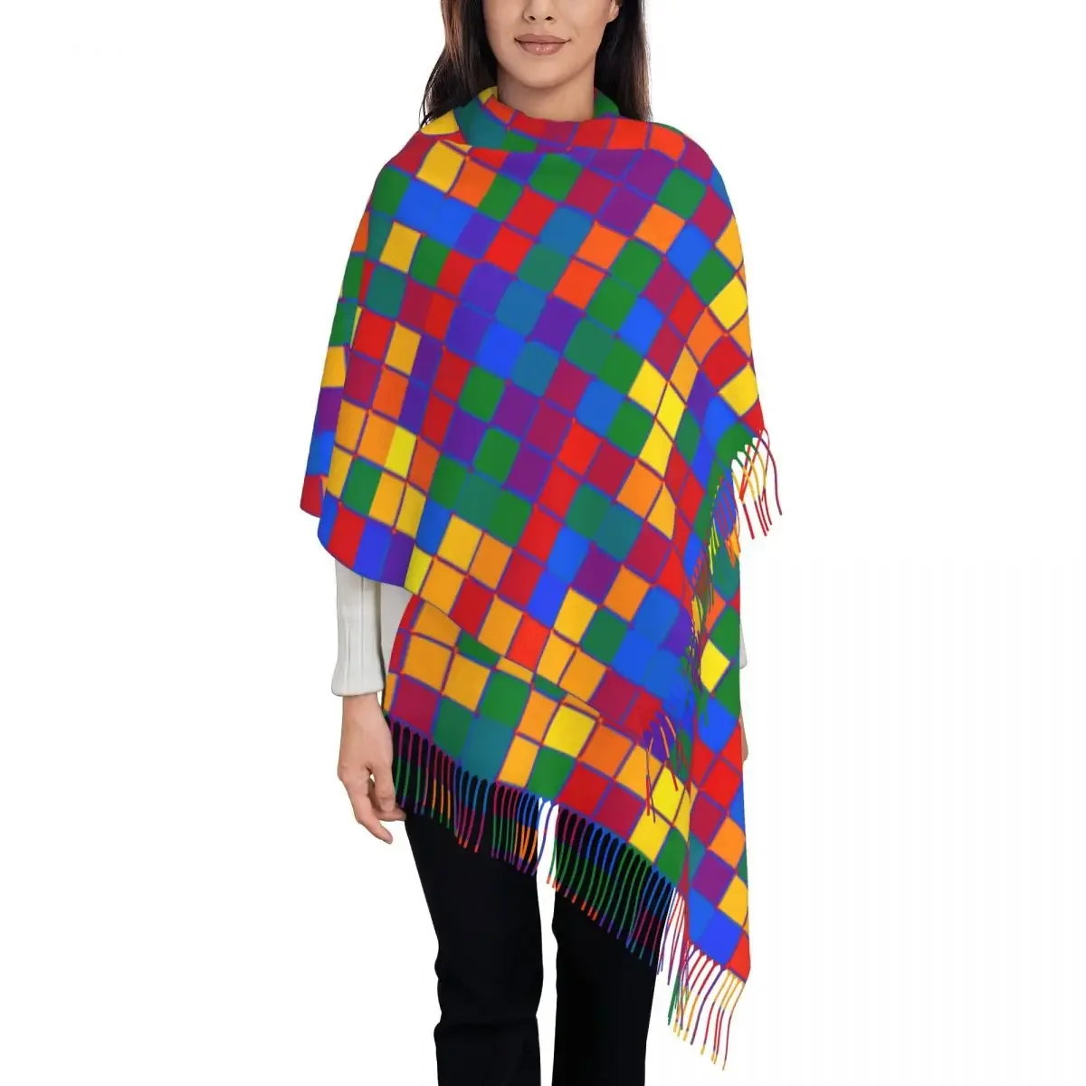 Gay Pride Colored Rounded Squares Grid Scarf for Women Luxury Winter Fall Shawl Wraps GLBT LGBT Rainbow Lesbian Tassel 