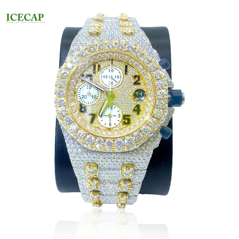 Hiphop Fashion Hand Inlaid Iced Out Moissanite Diamond Wrist Watch Automatic Gold And White Watch Men's Luxury Jewelry