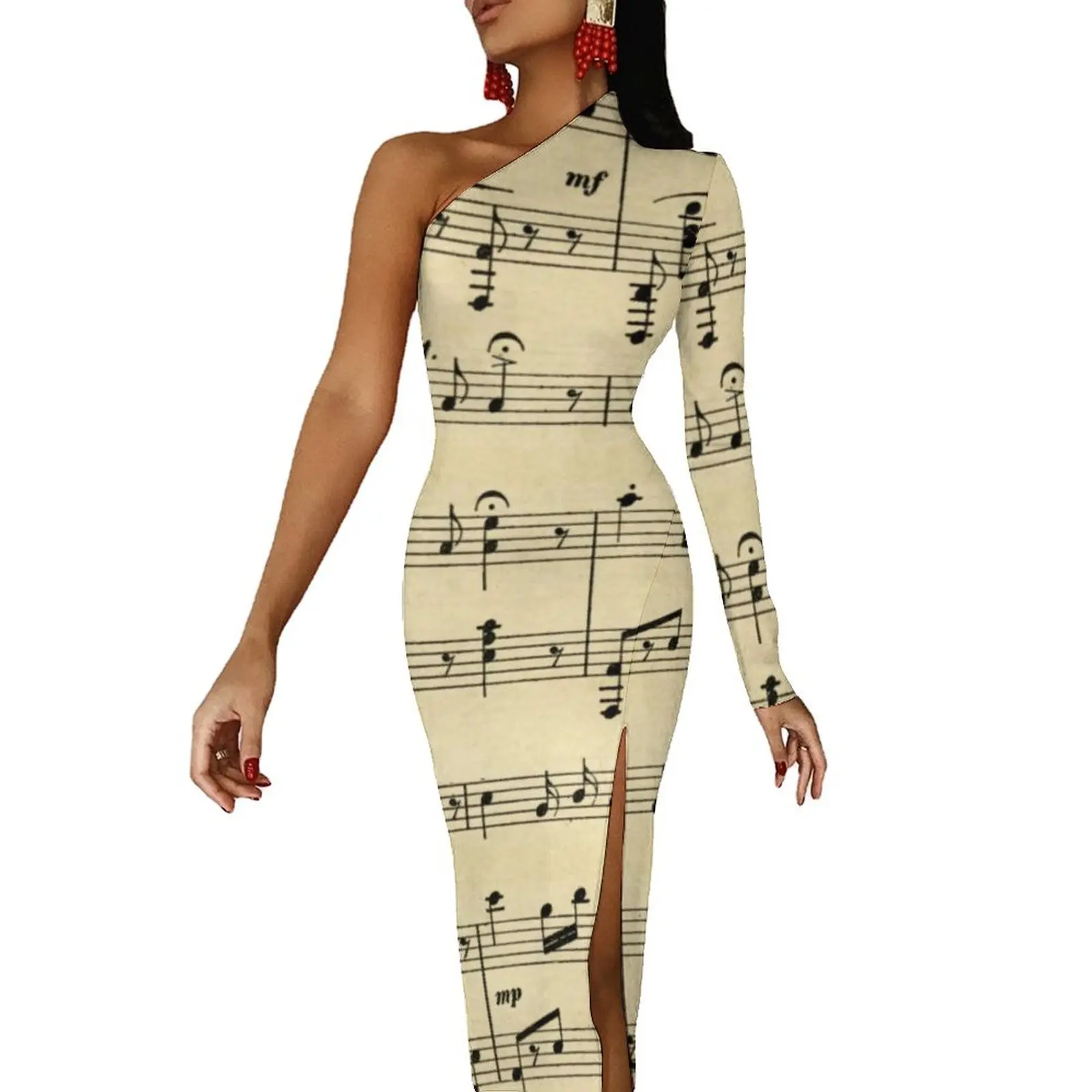 

Antique Sheet Music Bodycon Dress Female Vintage Print Sexy Maxi Dress Long Sleeve Aesthetic Custom Dresses Gift