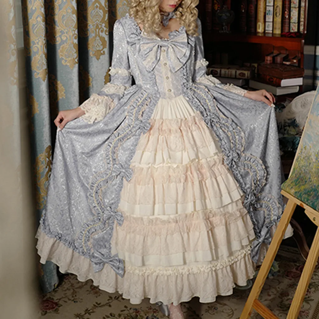 Vestido vintage medieval feminino, Vestido Lolita Gótico, Manga comprida, Vestido Lolita Clássico, Plissado fofo e doce, Fantasia Cosplay Anime