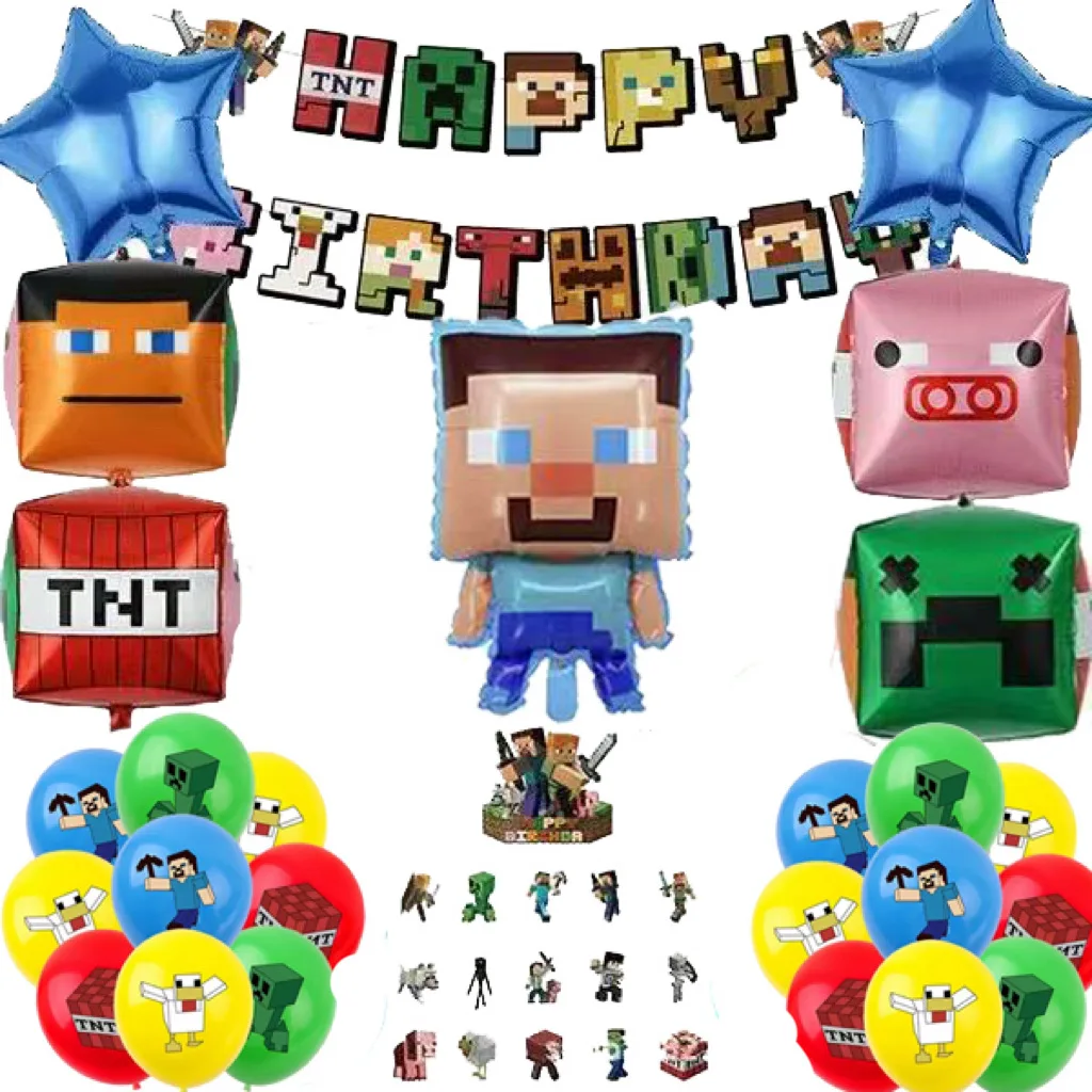 44/28pcs a set for Minecrafte Birthday Balloon Banner Party Decoration Anime Spiral Ornament Cake Topper Supplies Party Supplie view 2