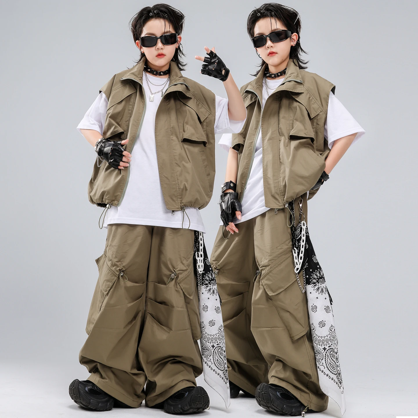 Kids Khaki Tactical Hip Hop Dance Outfit Cargo Pants Set with T-Shirt for Boys Girls Street Wear Jazz Performance Competition view 4