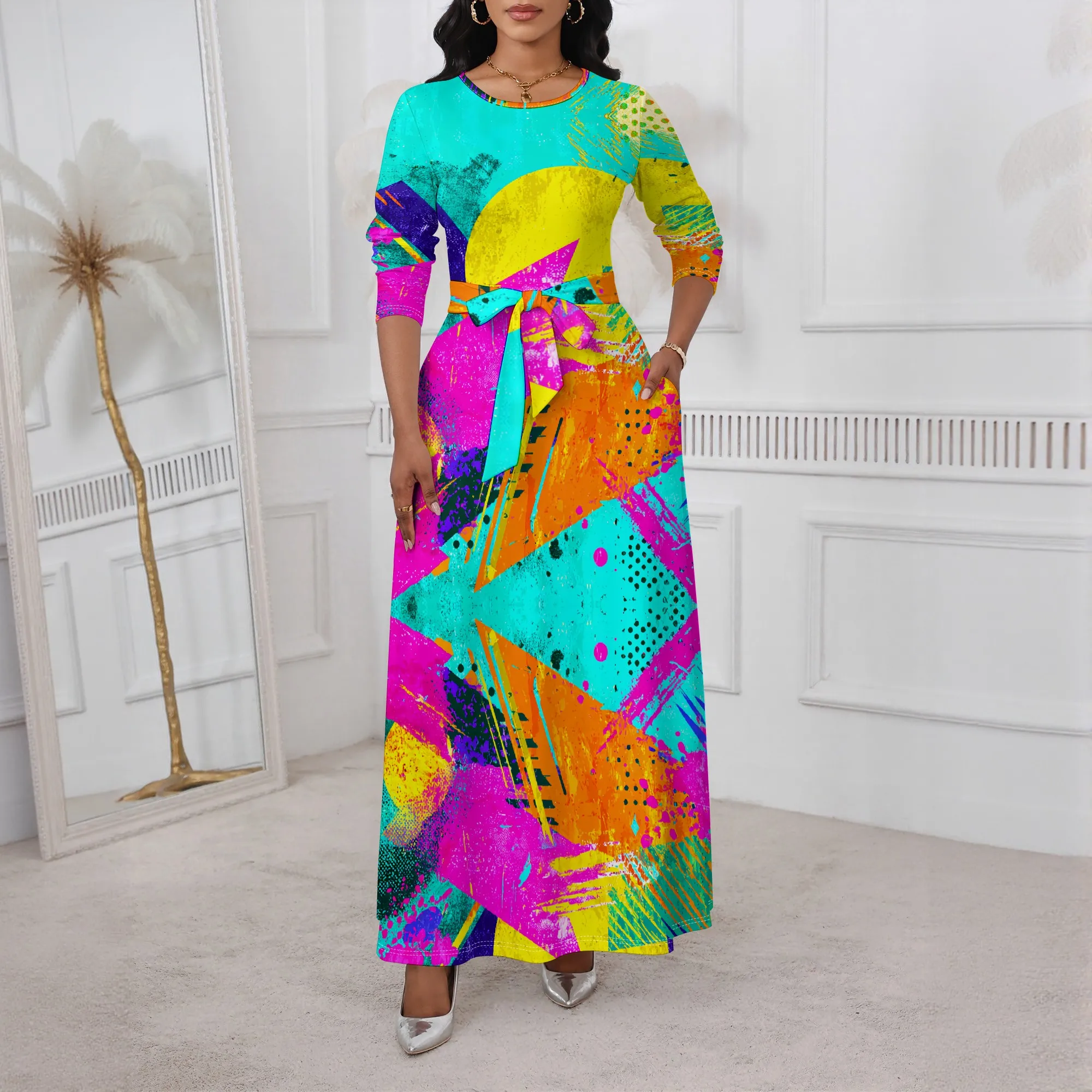 

Graffiti Neon Print Maxi Dress XS-3XL Long Sleeve Belted Crew Neck Style for Pride Parade, Street Festival or Art Party Look