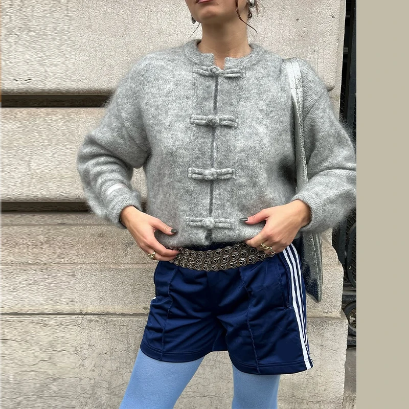 Elegant Knit Grey Women Cardigan Fashion Long Sleeve Button O-neck Female Knitwear 2026 Autumn Winter Fashion Lady Sweater 12 S33089fc31ac844db866bb72054bb8d9ev