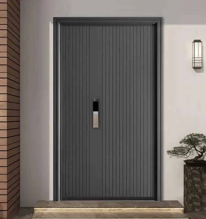 Villa Aluminum Alloy Stripe Entrance Door Fingerprint Unlocking Smart Home Security Door Large Sized Luxurious Residential Door