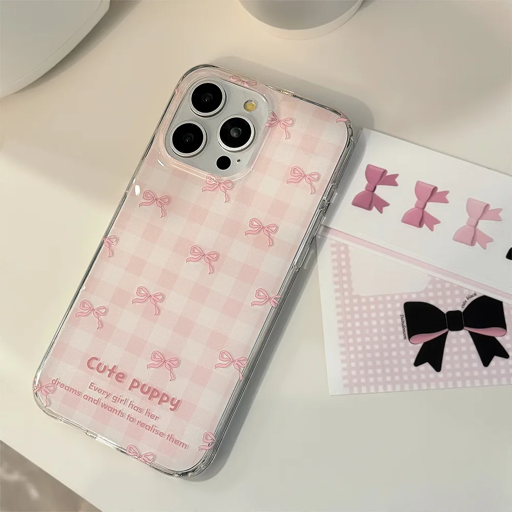 Korean Style Double Layer Printed Pink Plaid Bow Phone Case for IPhone15 14 12 13  Pro ProMax Plus  Shockproof Phone Cover