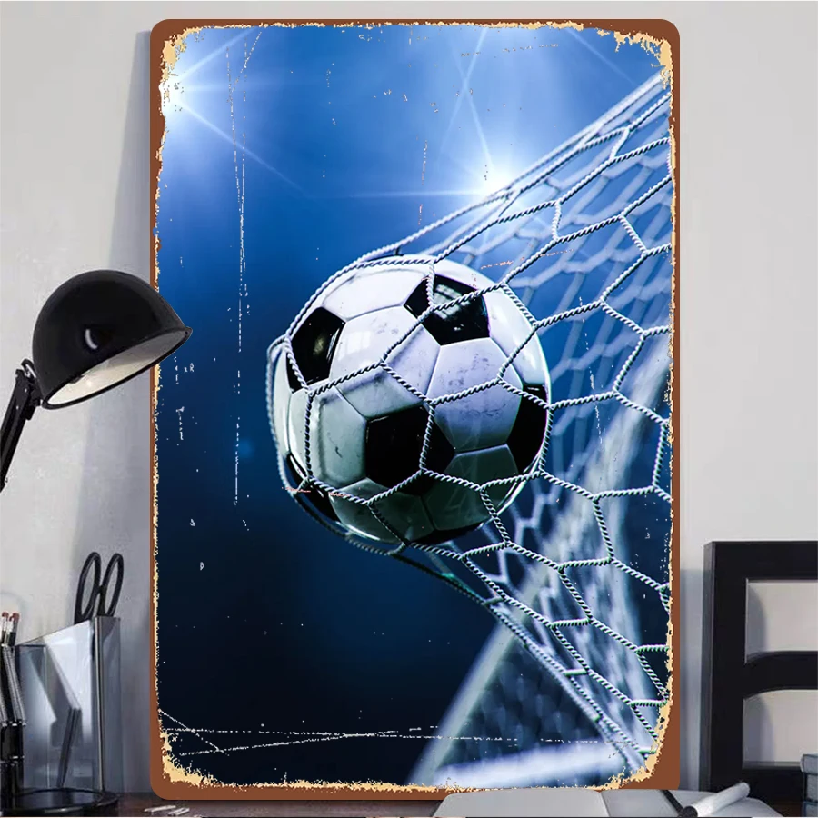 Soccer Goal Moment Metal Wall Art Sports Theme Decorative Painting Vintage Industrial Style Living Room Bar Decoration