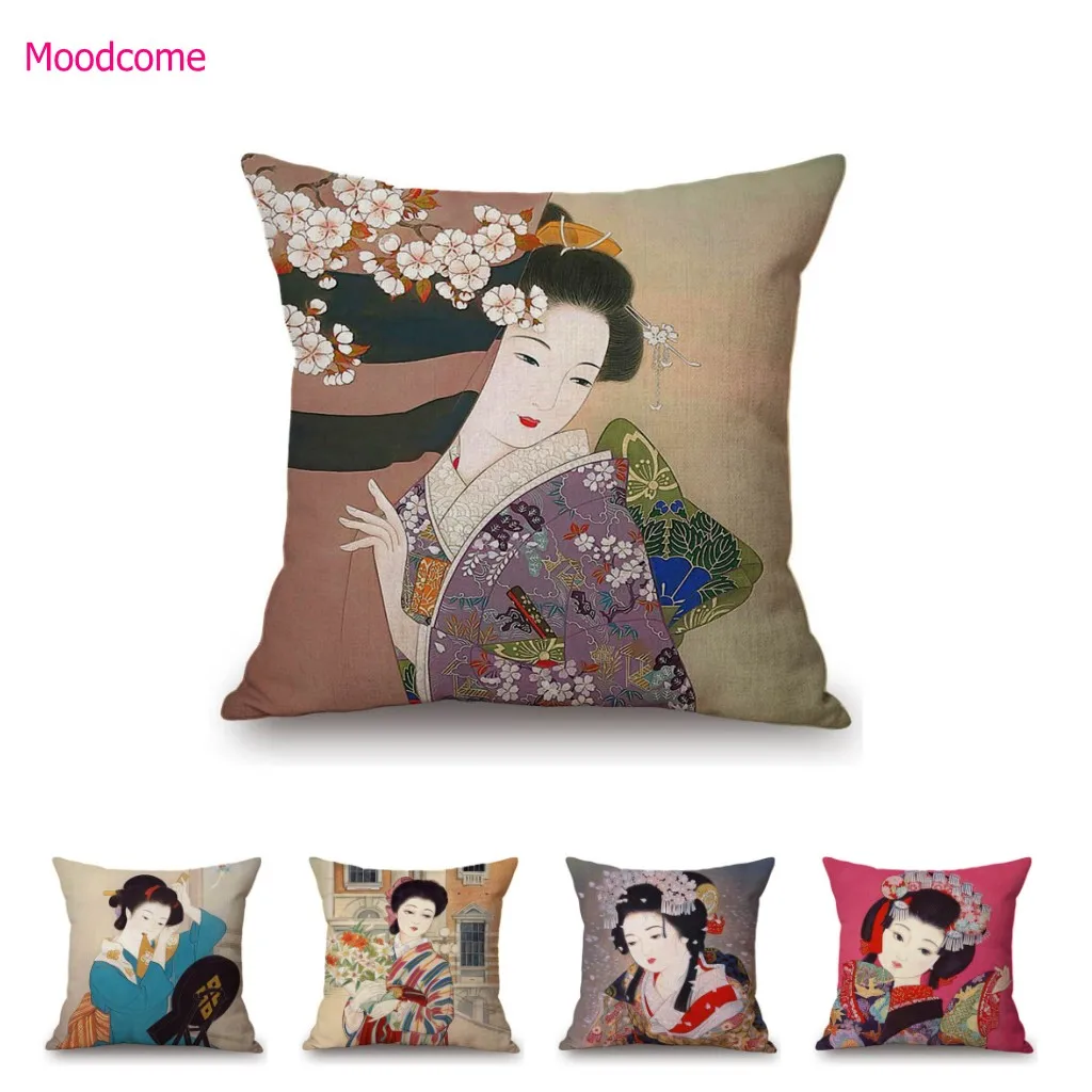 Lovely Cartoon Japanese Girl Traditional Woodblock Painting Home Decoration Sofa Pillow Case Japan Geisha Linen Cushion Cover