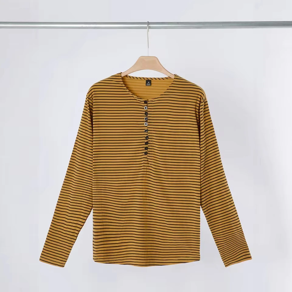 Yama Men's Autumn And Winter Versatile Bottom Long Sleeve Henry Shirt Casual Horizontal Striped Henry T-Shirt