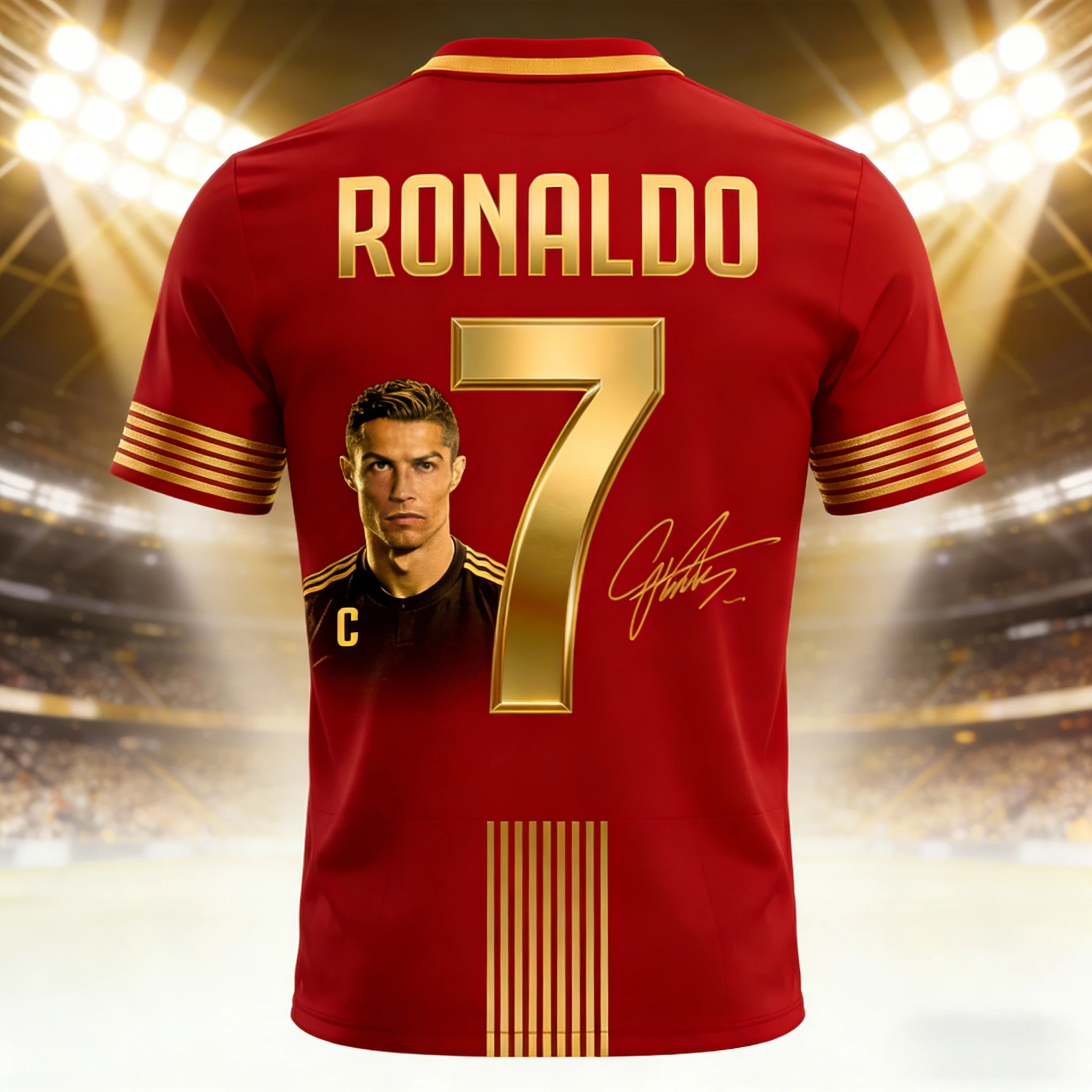 عرض ساخن لعام 2026 رونالدو # 7 جيرسي باللون الأحمر والذهبي - رقم واسم معدني، ملابس جامعي فاخرة ممتازة لمحبي النجمة المميزة