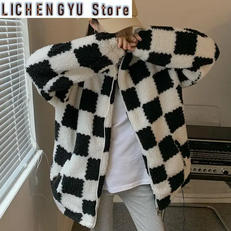 

New Autumn Winter Black White Plaid Faux Lamb Jacket Women Korean Fashion Oversize Zipper Outwear Female Casual Warm Coat