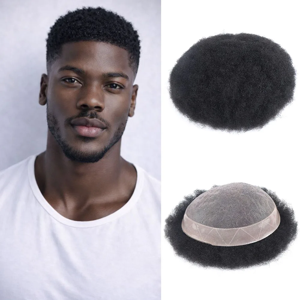 

Afro Kinky Curly Toupee For Man Human Hair Piece Mono With Npu Around Hair Replacement System Capillary Prosthesis For Man #1 (8*10inch)