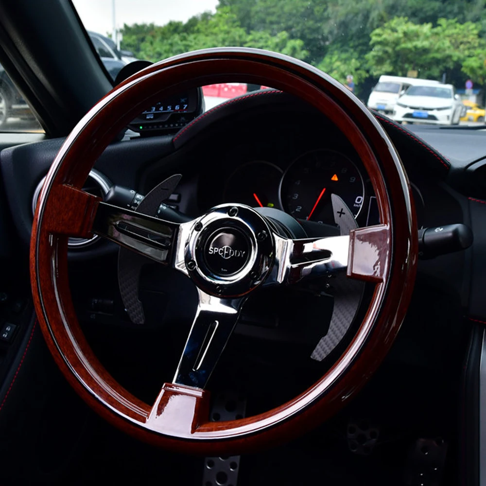 350mm Classic Wood Look Black / Silver Spoke Spceddy Steering Wheel For Car Motorsports ABS Deep Dish Steering Wheel With Rivets