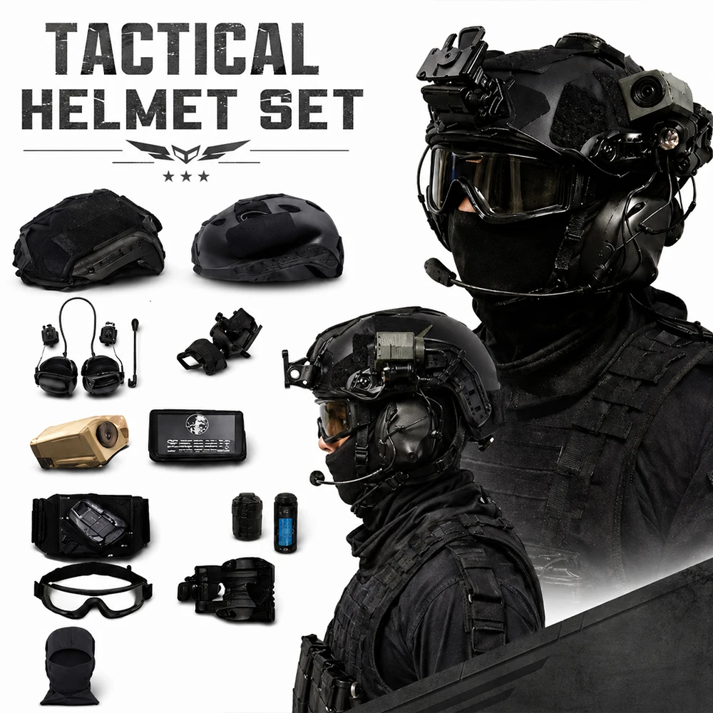 

FAST Tactical Helmet Kit with Anti-Fog Goggles Headset Flashlight, Full Face Protection for Wargame Airsoft Tactical Training