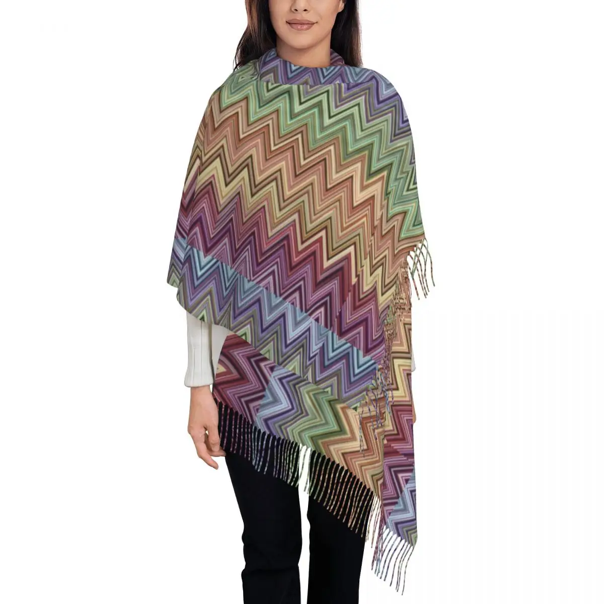 Stylish Modern Home Zig Zag Art Tassel Scarf Women Winter Fall Warm Shawl Wrap Ladies Bohemian Geometric Scarves