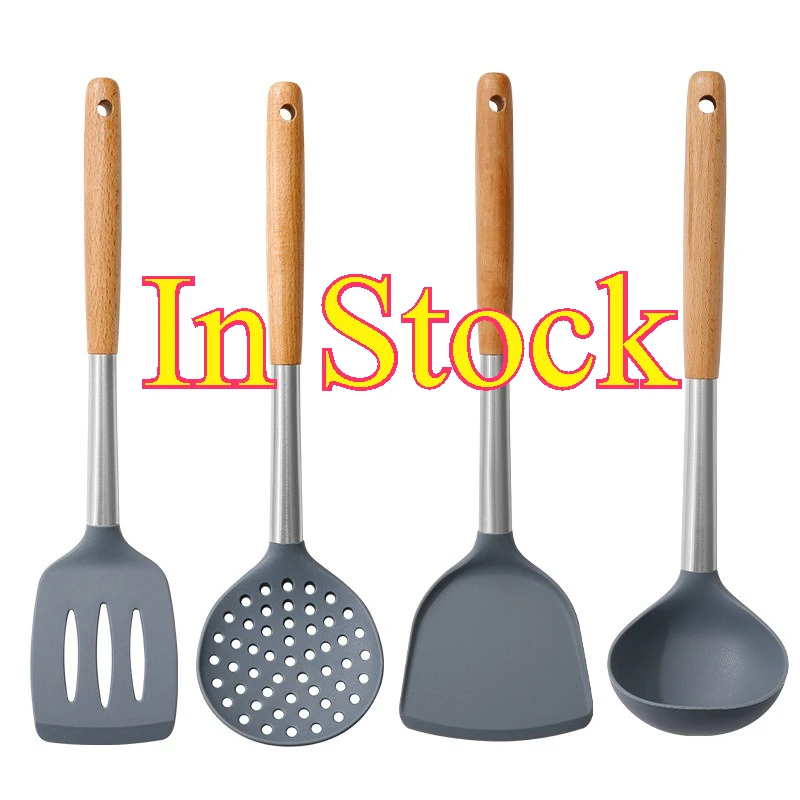 

Набор кухонной утвари с деревянной ручкой, силиконовая лопаточка, половник для супа, эргономичные антипригарные кухонные принадлежности, лопатка для жарения рыбы, стейка