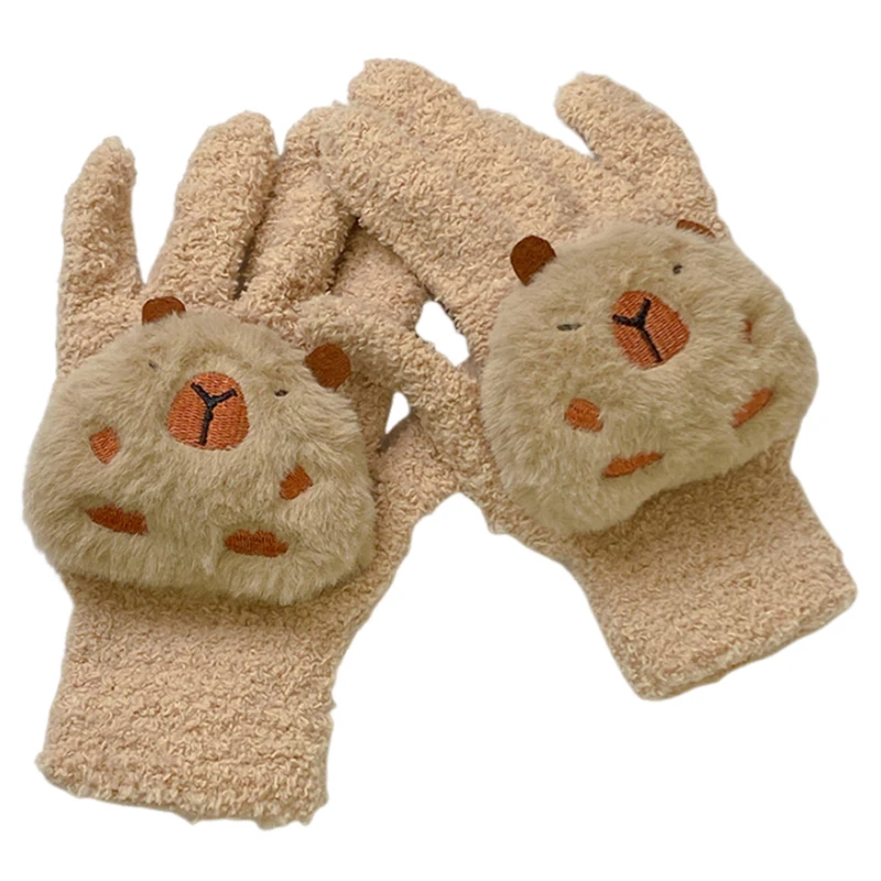 Soft Full Finger Capybara Plush Gloves Winter Outdoor Cycling Warm Antifreeze Windproof Gloves