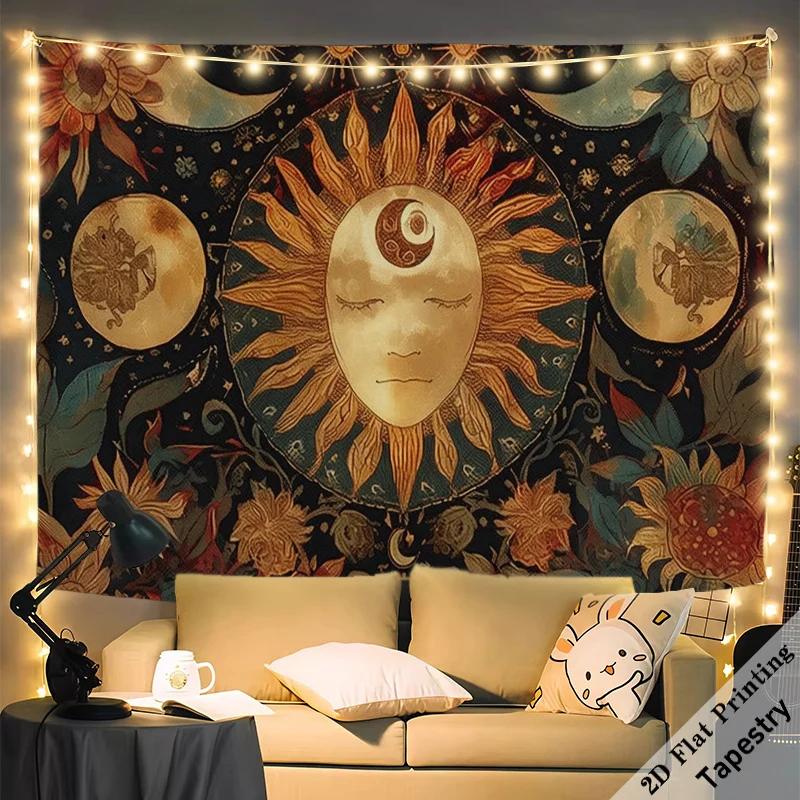 Bohemian Sun Moon Zodiac Celestial Tapestry Wall Hanging Boho Cosmic Astrology Decor Fabric Art 180x280cm