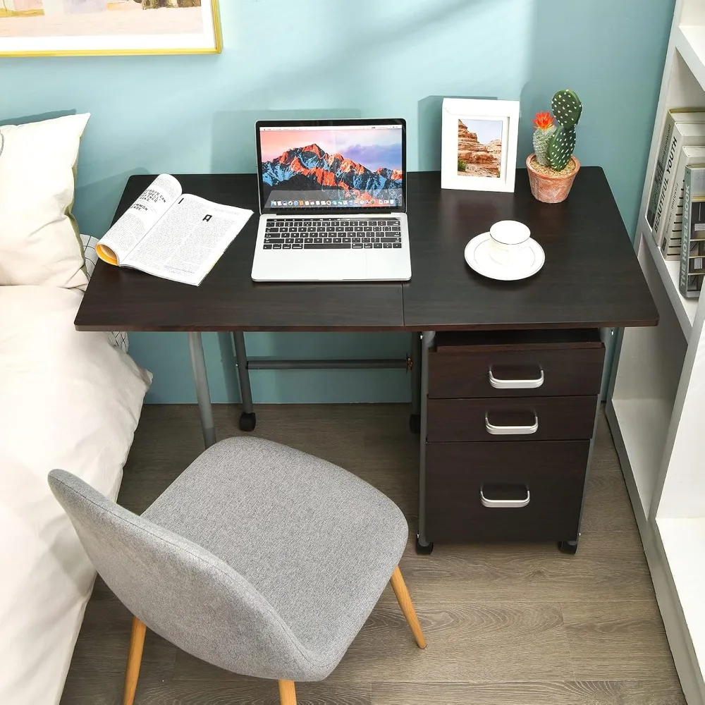 مكتب كمبيوتر قابل للطي مع 3 أدراج تخزين، مكتب مكتب منزلي متنقل، مكتب كتابة للدراسة بعجلات ناعمة، سبيس سافي. #2