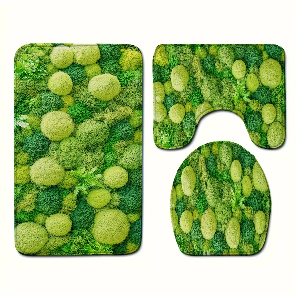 

3PCS Green Moss Ball Pattern Bathroom Rug Set Natural Forest Print Toilet Mat Non Slip Floor Mats Water Absorbent Home Decor