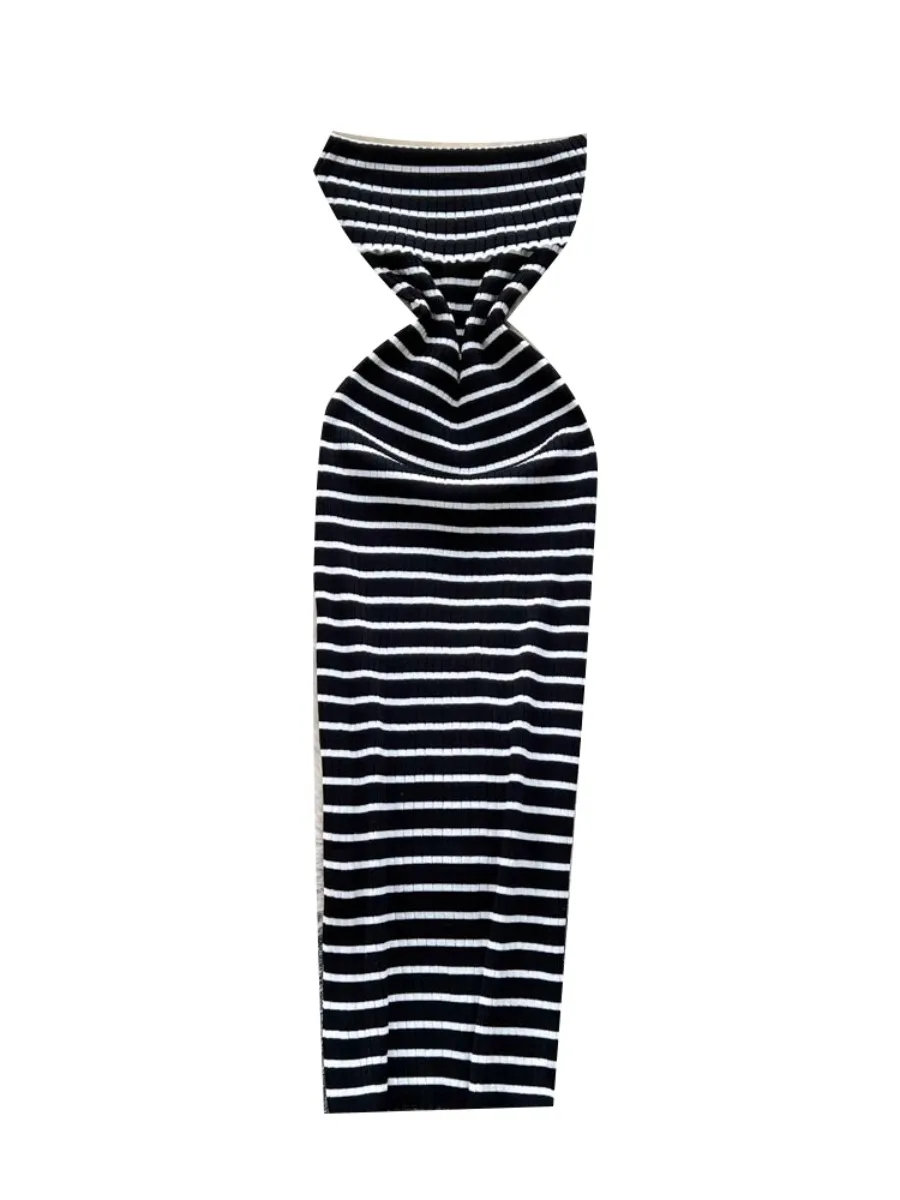 Foamlina lapela bustier listrado vestido feminino verão sexy quente menina emagrecimento fora do ombro sem mangas bodycon vestidos de malha