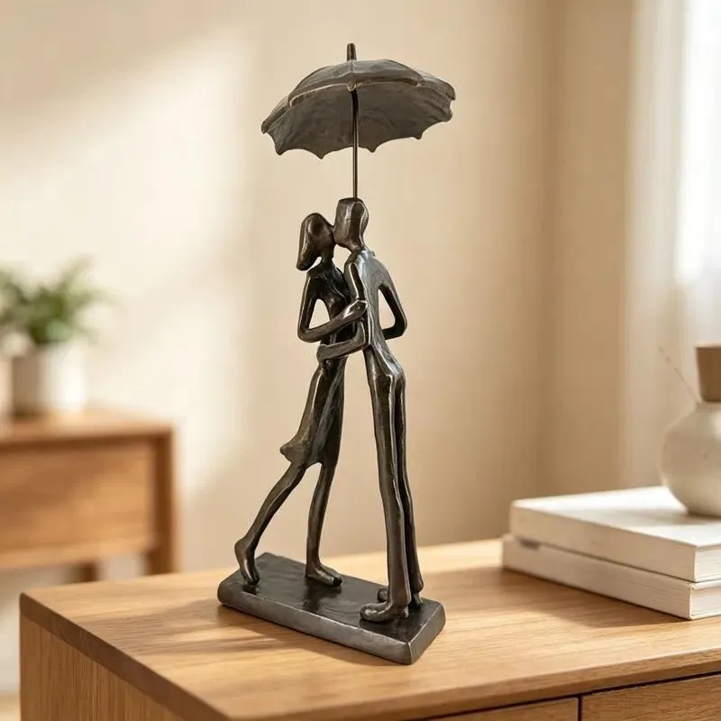 Romantic Cast Iron Couple Statues Kissing Under Umbrella Metal Sculpture Artistic Home Dining Table Decoration