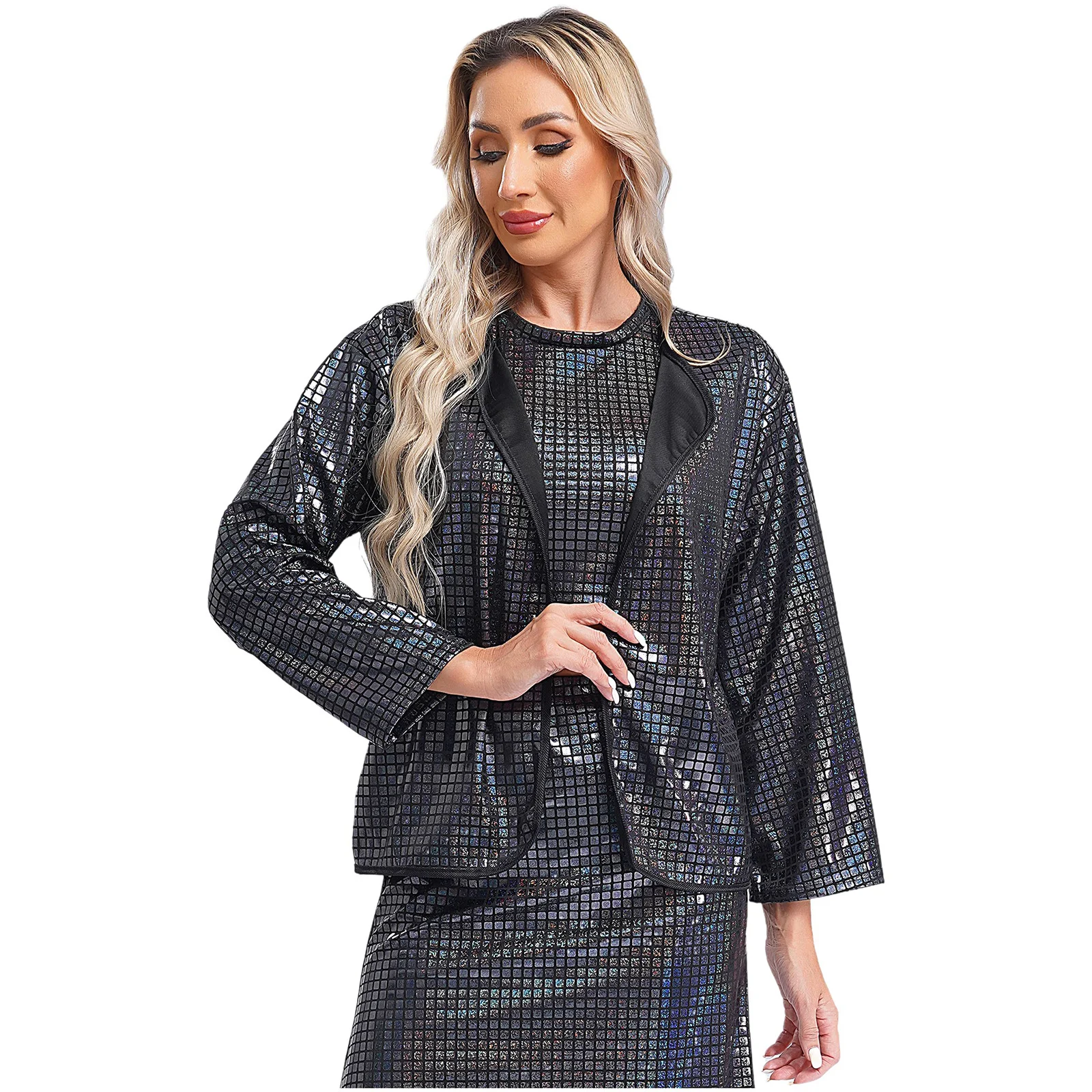 Moda mujer Bolero cuadrado lentejuelas Cardigan abrigo chaquetas Clubwear Disco noche encogimiento de hombros Top carnaval Festival traje de fiesta de noche