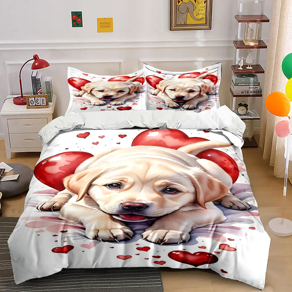 Cute dog and red heart background Print Bedding Set 1 Duvet Cover 2 Pillowcases for Adult and Children Luxury Gift Full Size