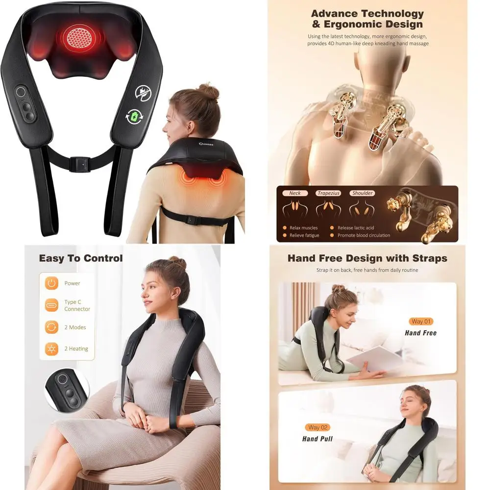 

Wireless 4D Shiatsu Massager with Heat for Neck, Shoulder, Back, and Legs - Pain Relief Gift