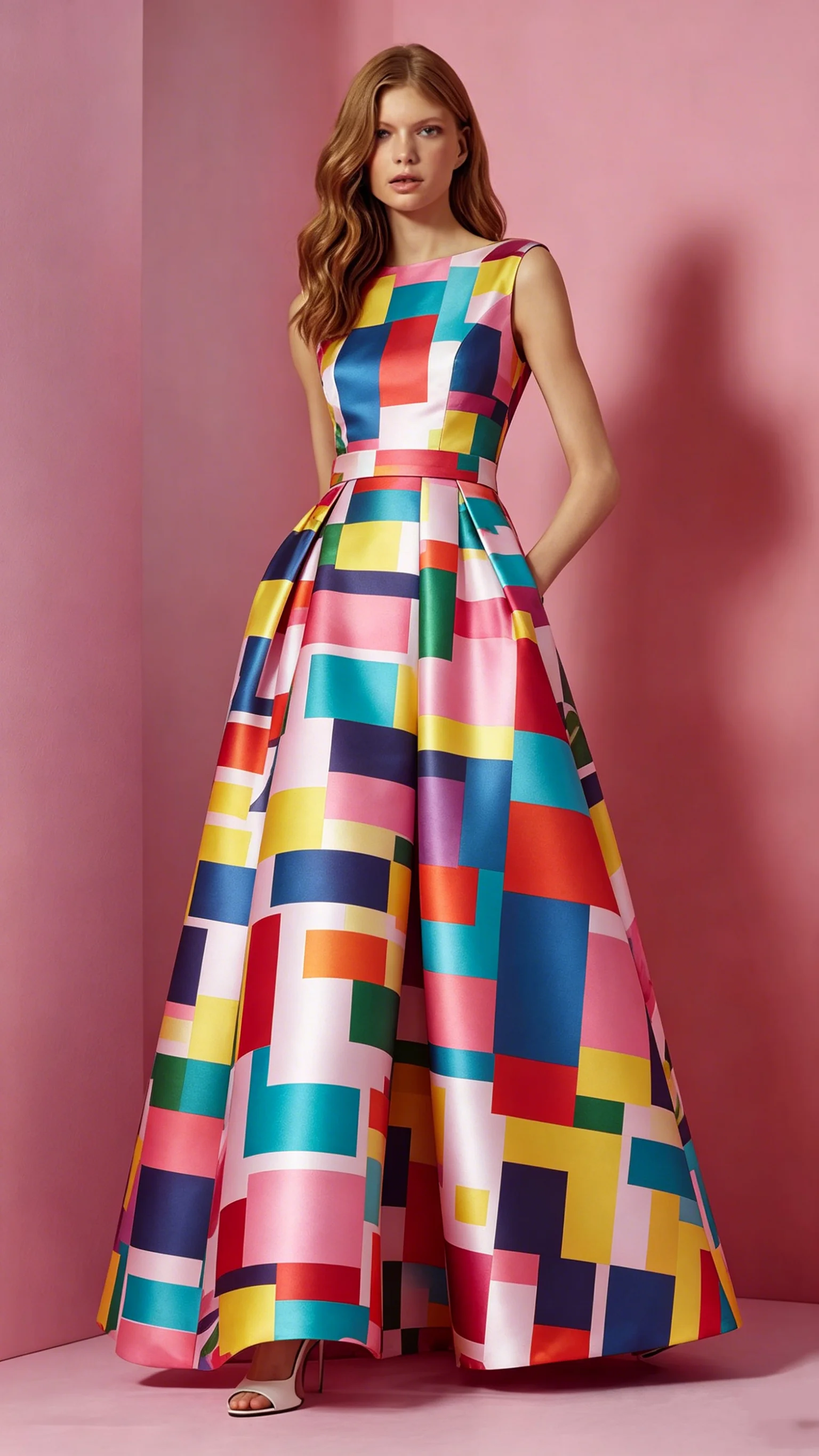 

Women's Geometric Color Block Print Maxi Dress Fashion High Waist Sleeveless Summer A Line Dress Elegant Evening Formal Outfit
