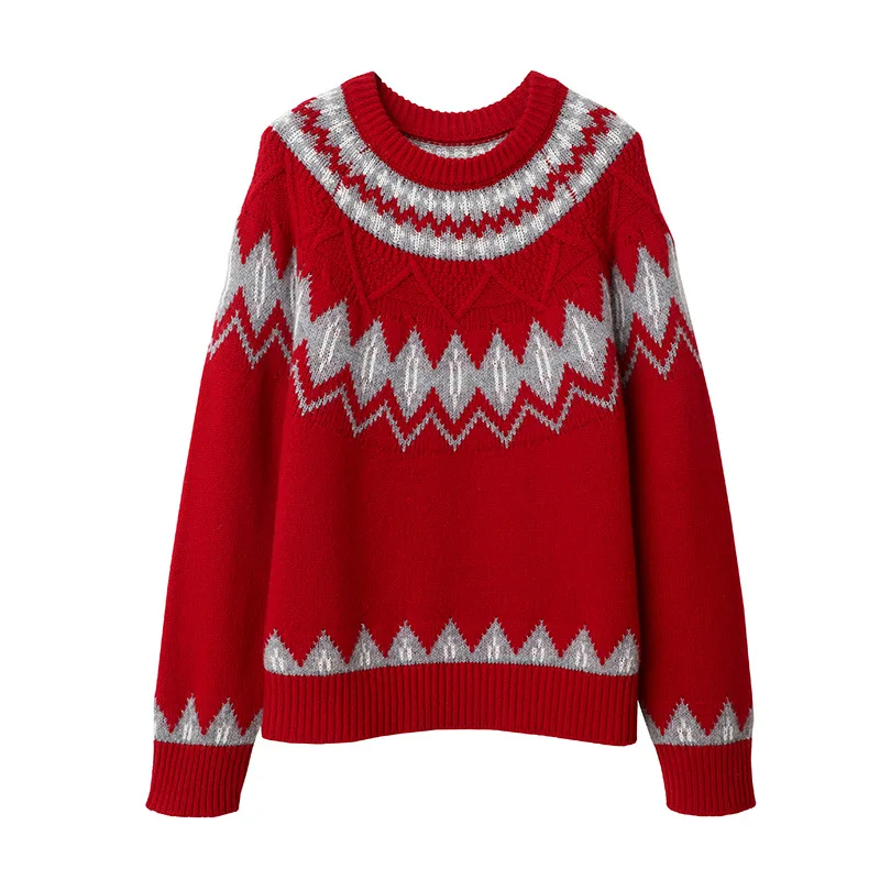 Winsleter – Eleganter Pullover aus 100 % Schafwolle, O-Ausschnitt-Jacquard, lässiger, locker gestrickter Fair-Isle-Pullover für Damen, Winter 2025, T5N512CC
