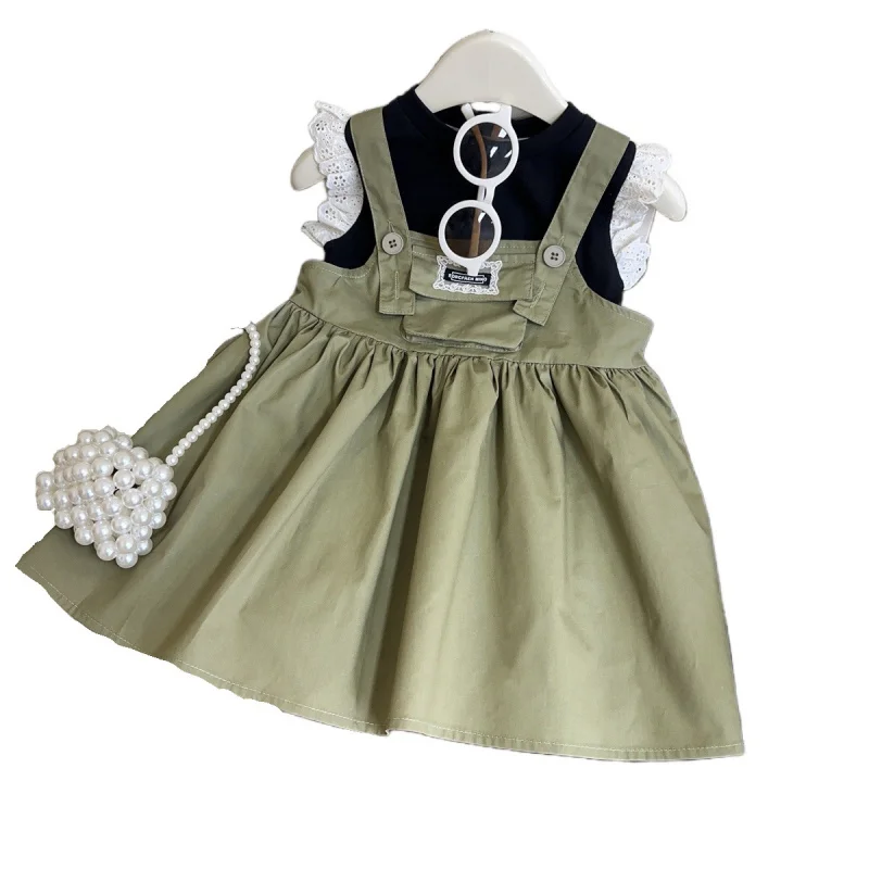 Girls' Japanese Style Summer New Outfit Baby Girl Fashionable Casual Strap Dress Vest Two-Piece SetAXB131