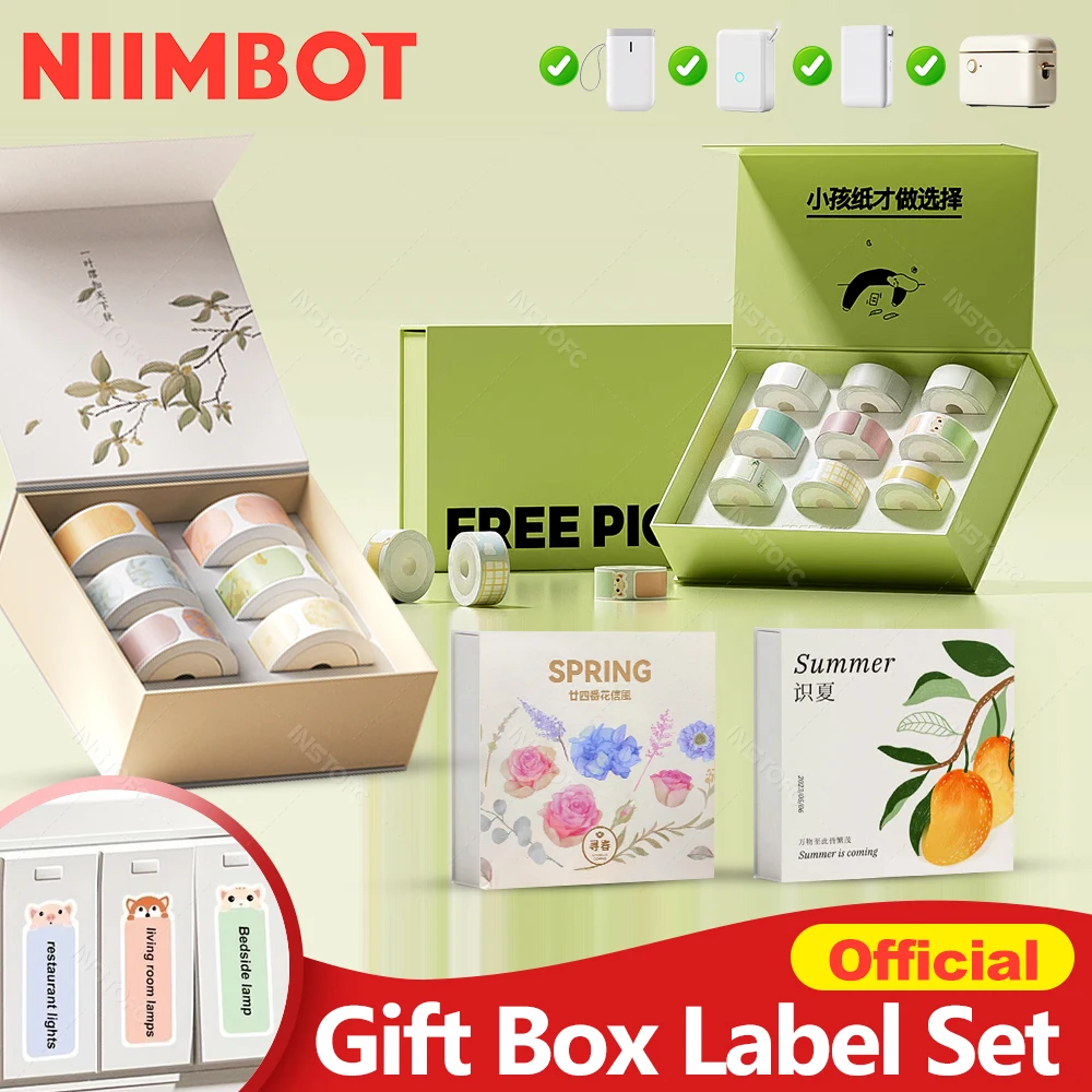 Official Niimbot Gift Box Label Set Color Multi Size Cute Label Sticker Paper 6/9Rolls for Niimbot Label Printer D11 D110 D101