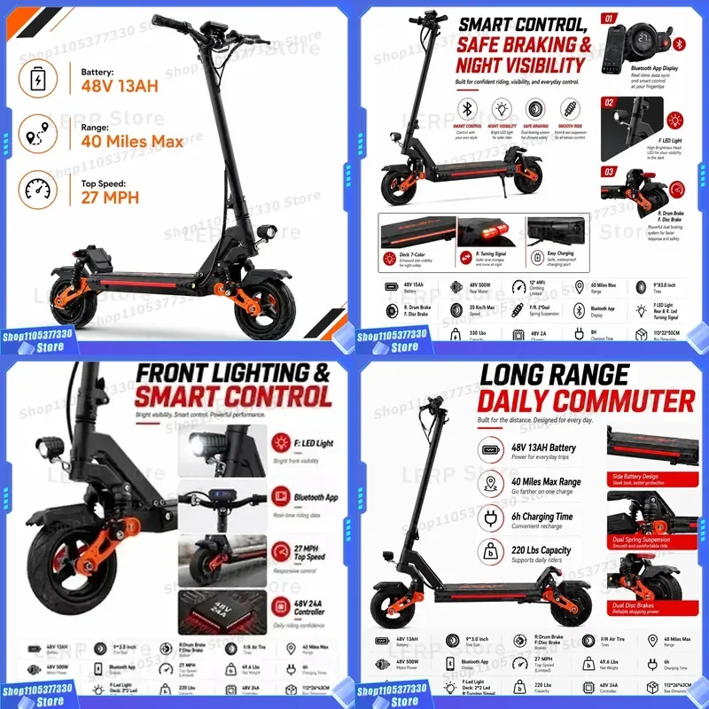 2026 US Stock 9-Inch Winter Commuting 500W Brushless Folding E-Scooters 48V 13Ah Battery 25kmh Powerful Adult Fast Electric