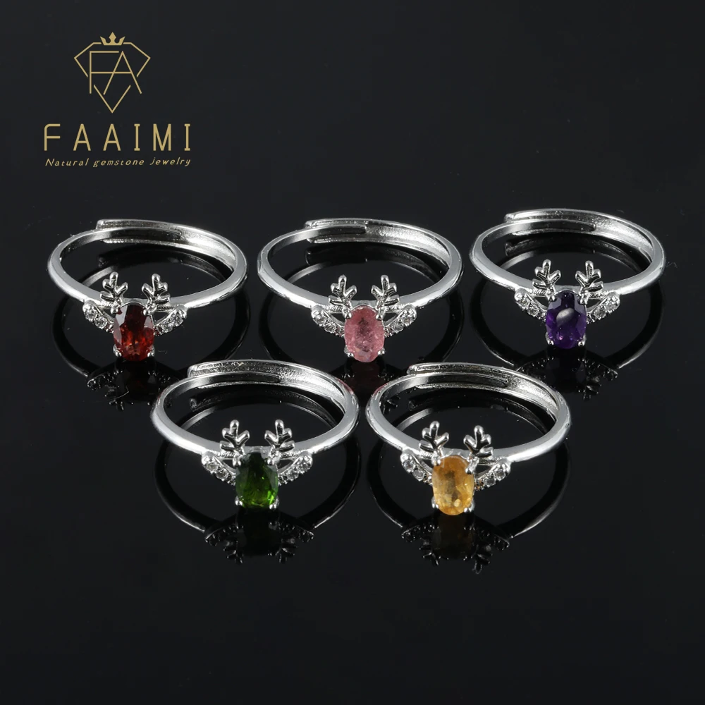 

100% natural gemstone amethyst garnet tourmaline antler style adjustable copper-plated silver ring for women jewelry gifts