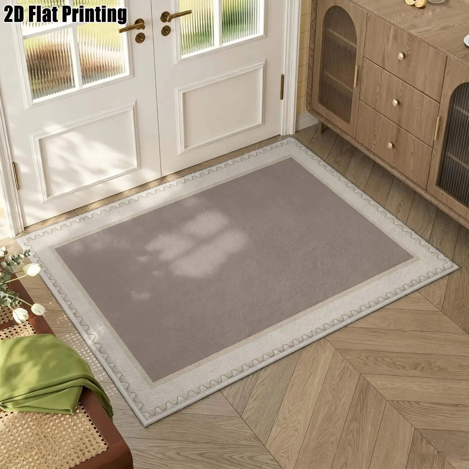 1Pc 2D Printed Carpet: Beige Wave-Edged Light Gray Solid-Color Nordic Modern Minimalist Vintage Geometric Striped Carpet, Home Decoration, Multiple Sizes, Machine Washable, for Entrance, Dining Room, Foyer, Bedroom, Study, Living Room