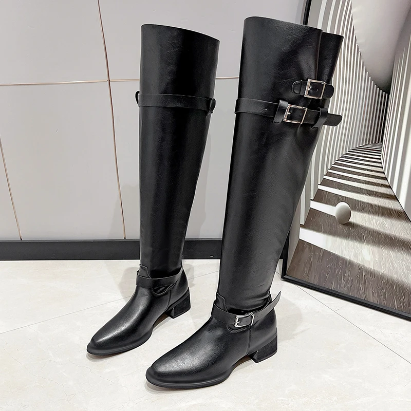 

Высокие сапоги на блочном каблуке с пряжкой ремня, новые осенние плиссированные нескользящие износостойкие сапоги до бедра с острым носком и рукавами