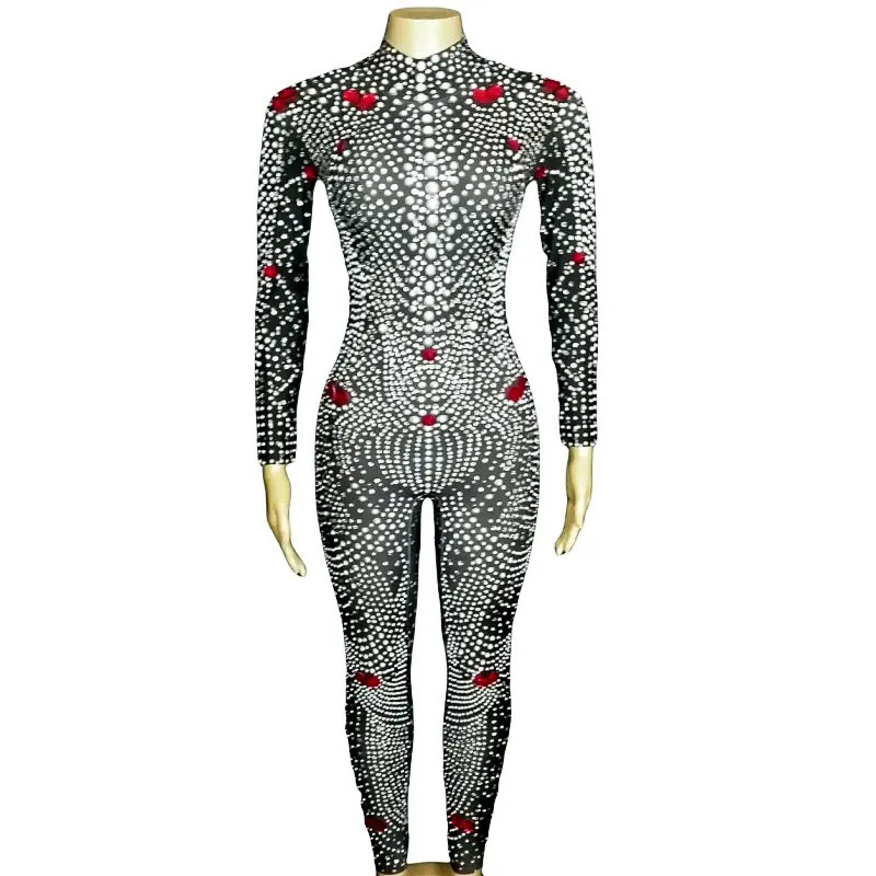 Luxury Pearl Rhinestones Tight Jumpsuit Long Sleeve Birthday Evening Celebrate Stage Wear Nightclub Singer Performance Costume