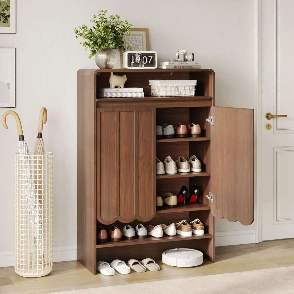 5-Tier Adjustable Shoe Storage Cabinet with Wave Panel Doors, 45 Tall Freestanding Narrow Design