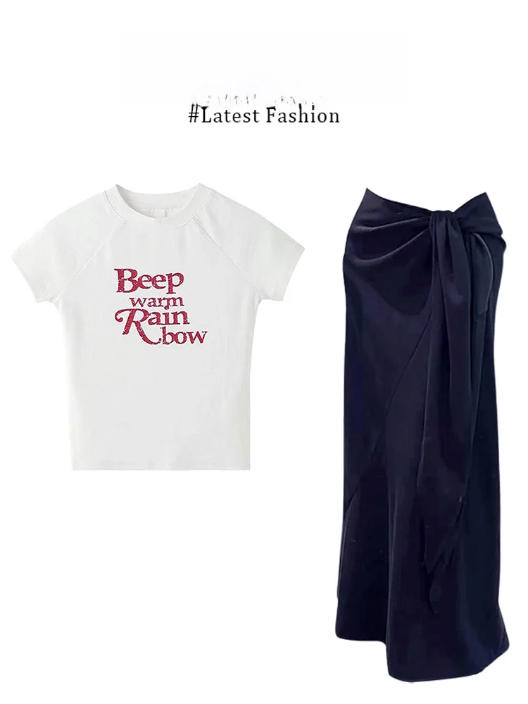 

Korean Style Simple Letter Shoulder Short Sleeve T-Shirt Summer Dark Blue Irregular Design Half Skirt Two-Piece Set Women's F...
