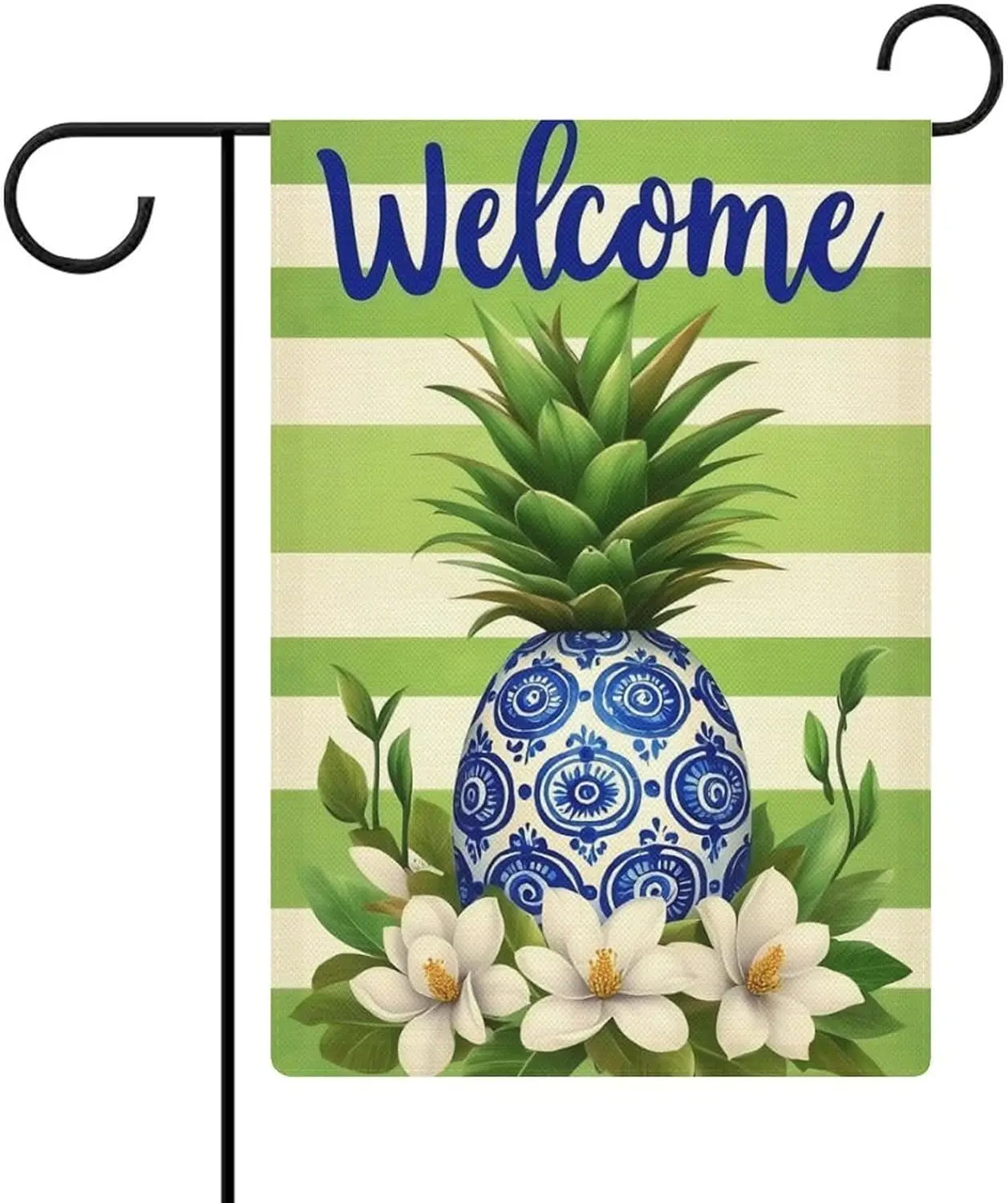 Welcome Summer Vibrant Blue White Pineapple Design with Floral Garden Flag 12x18 Inch Double Sided for Outside Small Burlap  PPM