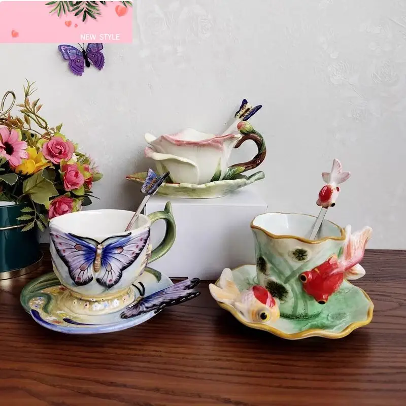 

Creative Ceramic Rose Coffee Cup Saucer Painted Embossed Goldfish Mug Fine Breakfast Milk Mug Afternoon Tea Flower Tea Cup Gift