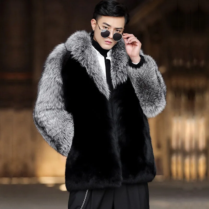 

2026 Men Fox Faux Fur Coats Turn Down Collar Thick Jackets Pockets Punk Coat Patchwork Warm Streetwear Jacket Autumn Winter