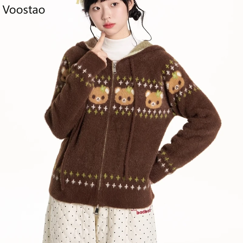 

Винтажные свитера в стиле кавайной Лолиты, женские жаккардовые вязаные кардиганы с капюшоном и милым мультяшным медведем для девочек, топы на молнии в стиле Харадзюку Y2k