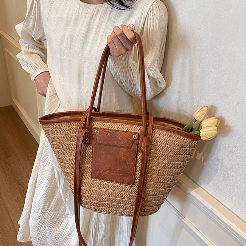 

Women's Large Capacity Shoulder Bag Summer Straw Woven Basket Handbag Fashion Female Luxury Beach Bali Shopper Tote Bags