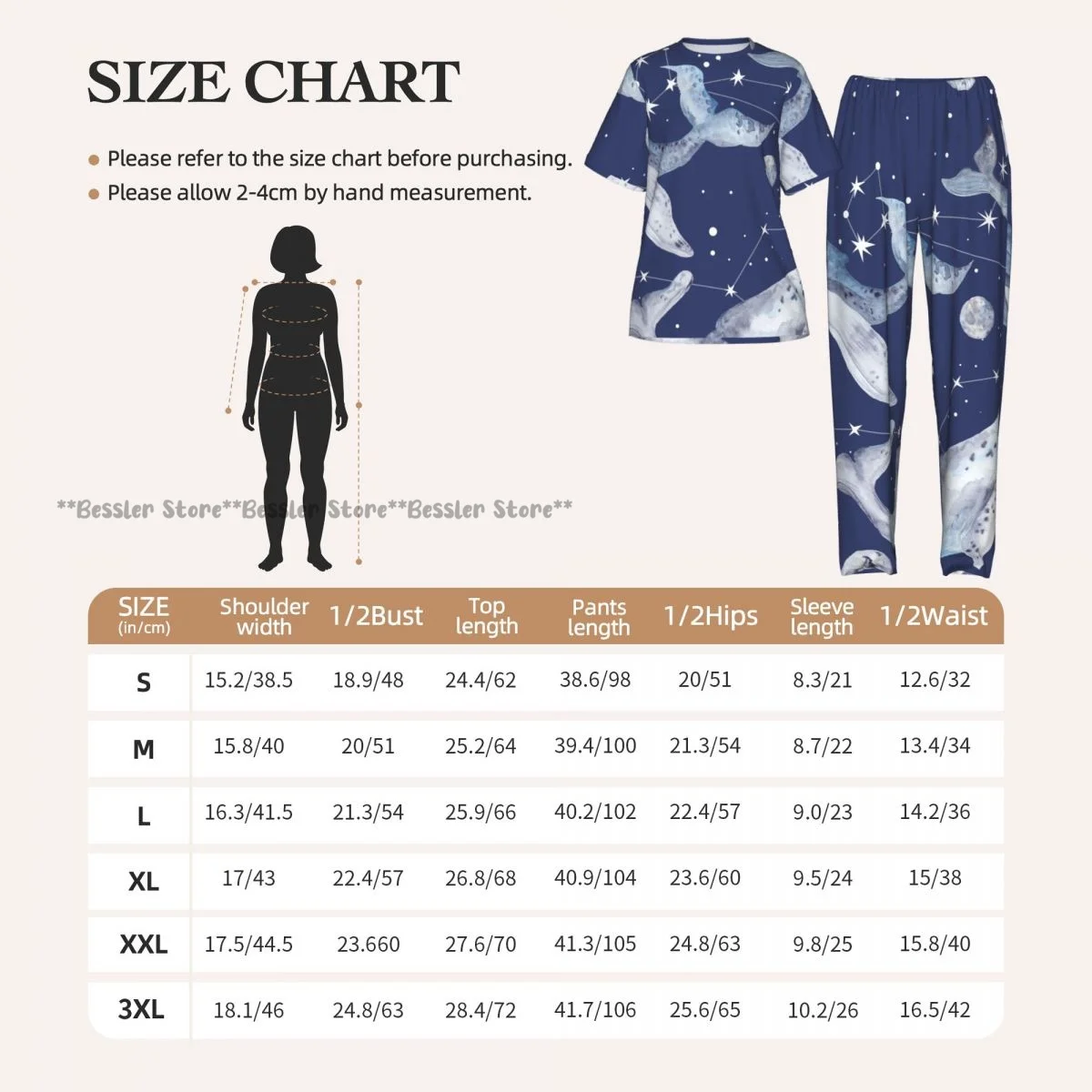 Women's Whales And Constellation Stars Watercolor short sleeve trousers casual pajamas set view 6
