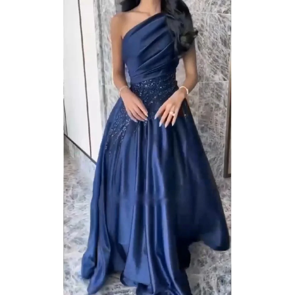 

Customized One Shoulder A-Line Prom Dresses Sleeveless Pleated Sequined Waist Satin Dress Women Evening Gowns Formal Party Dress